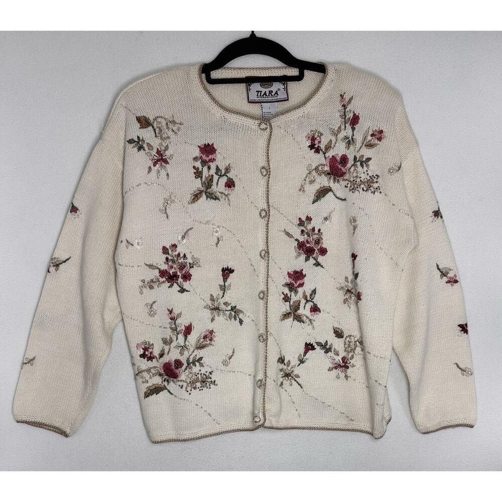 VTG Women's M Tiara International Floral Embroidered Sweater Cottagecore Grandma